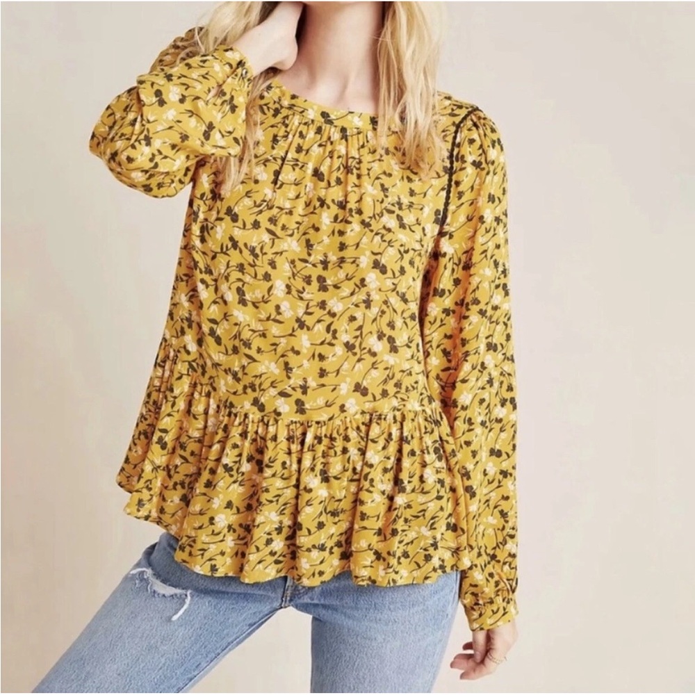 Maeve Anthropologie Yellow Ditsy Floral Peplum Blouse Women’s Size XS Flowy